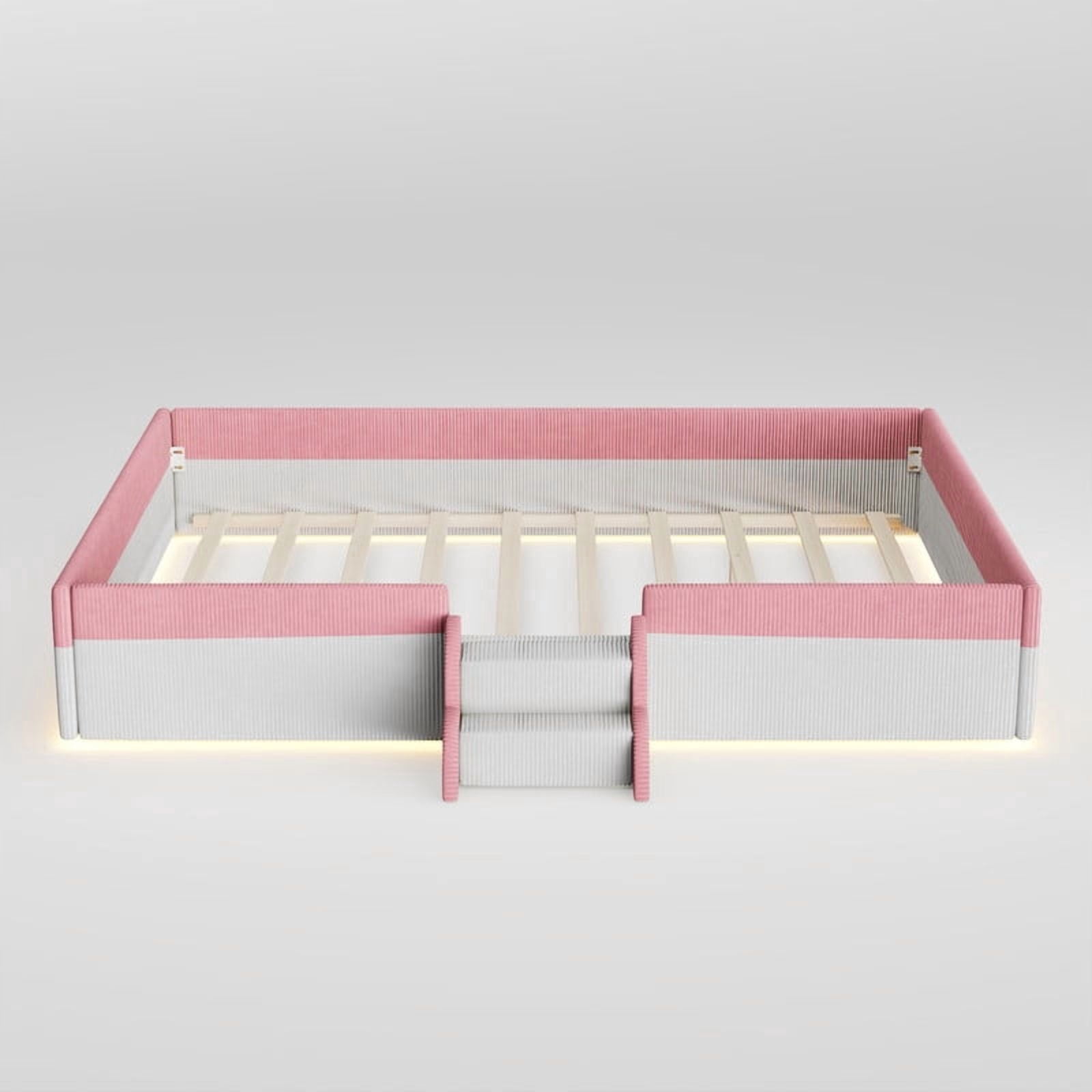 King Size Upholstered Floor Bed with Fence, 2-Tier Steps and Smart LED Lights, Corduroy Platform Bed Frame with Guardrails, Low Profile Montessori Bed for Boys Girls