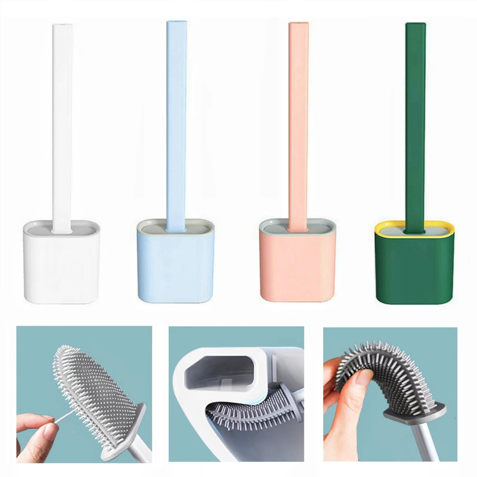 Silicone Toilet Brush and Holder Set, Flexer Bristles, Non-Slip Long White