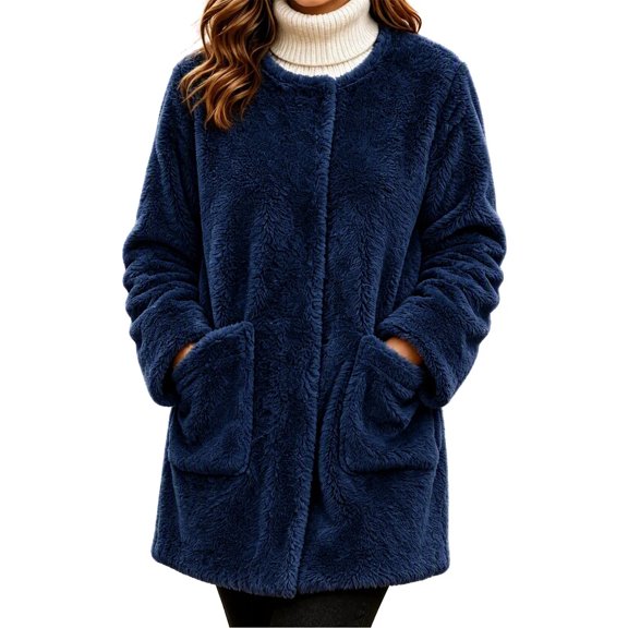 Cilsoka Women's Fashion Plush Coats Winter Warm Cardigan Coat No Collar Zip Up Fleece Tops Sweater Jacket