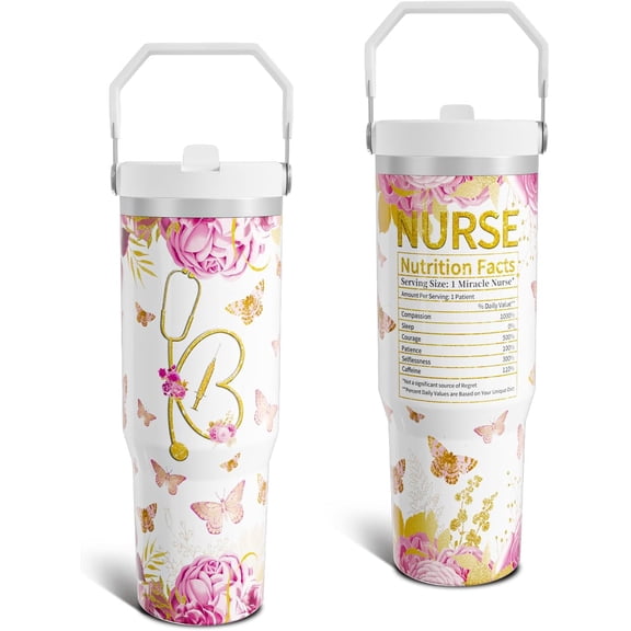 30 Oz Nurse Tumbler with Handle & Flip Straw - Stainless Steel Vacuum Insulated Cup - Nurse Week, Medical Appreciation, Graduation, Birthday Gifts for Women & Men