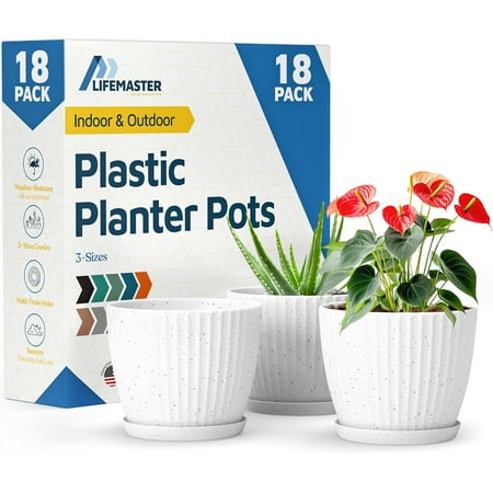 White Gray 6-Inch Plant Pots with Drainage & Saucers 18 Pack, Indoor & Outdoor Planters for Houseplants, Herbs, and Flowers, Durable & Weatherproof Material, Stackable, Lightweight, Minimalist Design