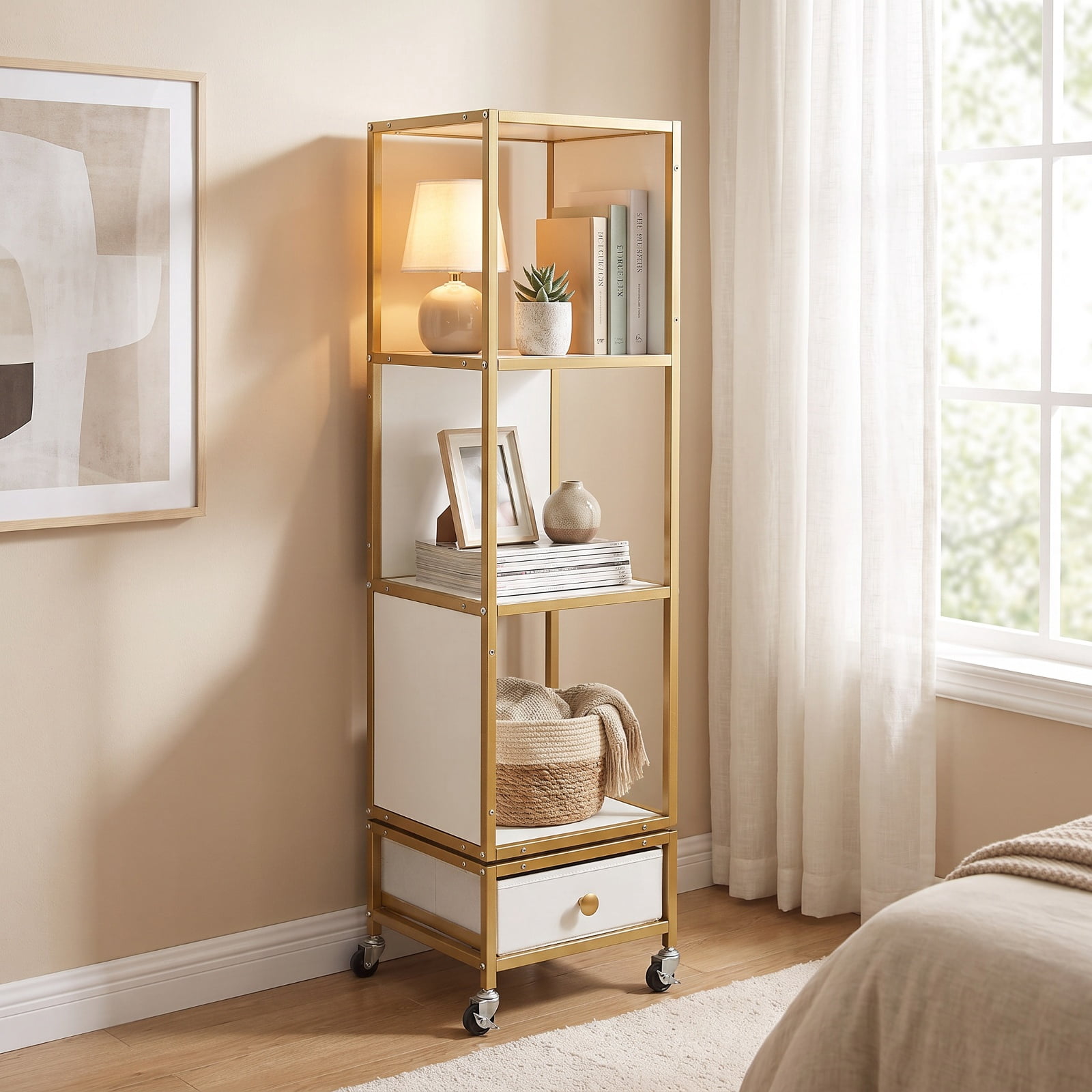 Furnibear 4-Tier Rotating Bookshelf on Wheels with Removable Drawer for Living Room Home Office Bedroom Display Storage Shelf, White