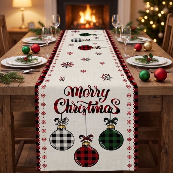 Christmas Linen Table Runner, Plaid Snowflake Merry Christmas Table Cover Runner for Holiday Dining Party Decor