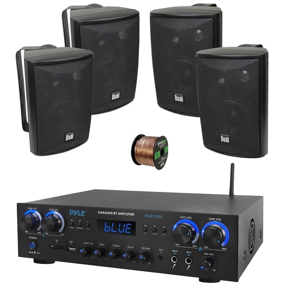 Pyle PDA77BU 4-Channel Home Theater Bluetooth MP3/USB/SD/RCA/AUX FM Radio Receiver, 4x 4" 200 Watt 3-Way Indoor/Outdoor Wall Mount Speakers (Black), 50 ft 16 Gauge Speaker Wire