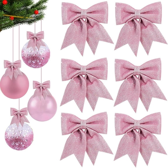 Jinswick 6pcs Pinks Shiny Bow Christmas Glitter Twist Tie Bows for Decoration Gift Box Wrapping, Christams Baskets Decor, Wedding Birthday Festival Party Decoration
