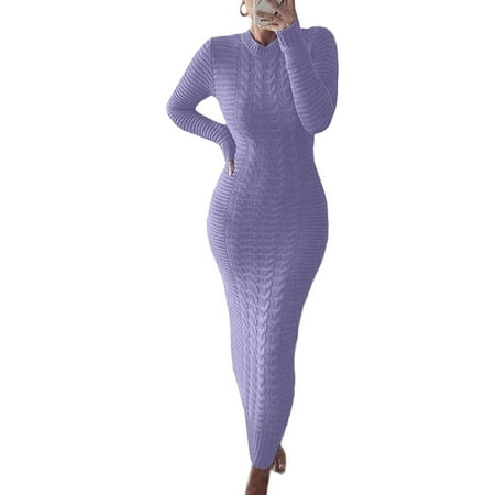 

Women Long Sleeve Knitted Dress Crochet Pattern Solid Color Ribbed Round Collar Casual Long Club Party One-Piece