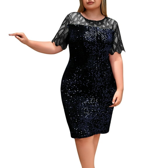 Womens' Plus Size Sequin Slim Fit Dress Short Sleeve Lace Crew Neck Knee Length Dress for Party