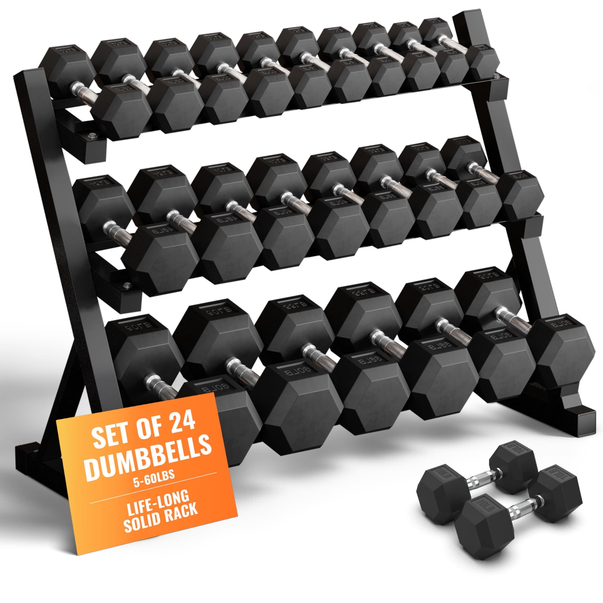 StrengthUSA 5-60 LBS Rubber Hex Dumbbell Set with Rack, 12 Pair, 780 lbs, Weight Set for Home Gym, Strength Training, Fitness Center Equipment