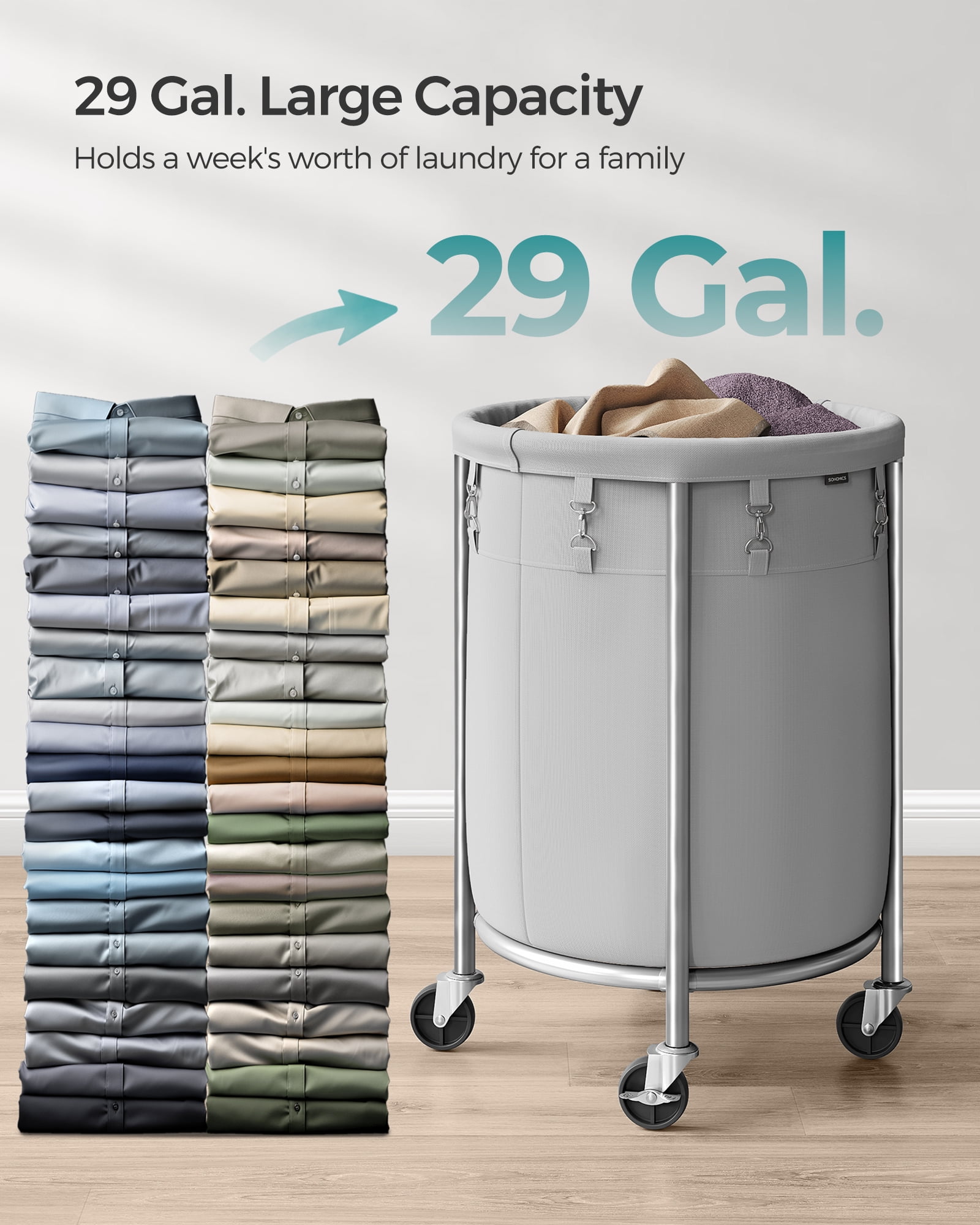 29Gal Round Laundry Sorter Laundry Hamper with Wheels Rolling Laundry Cart with Removable Bag for Laundry Room Gray and Silver