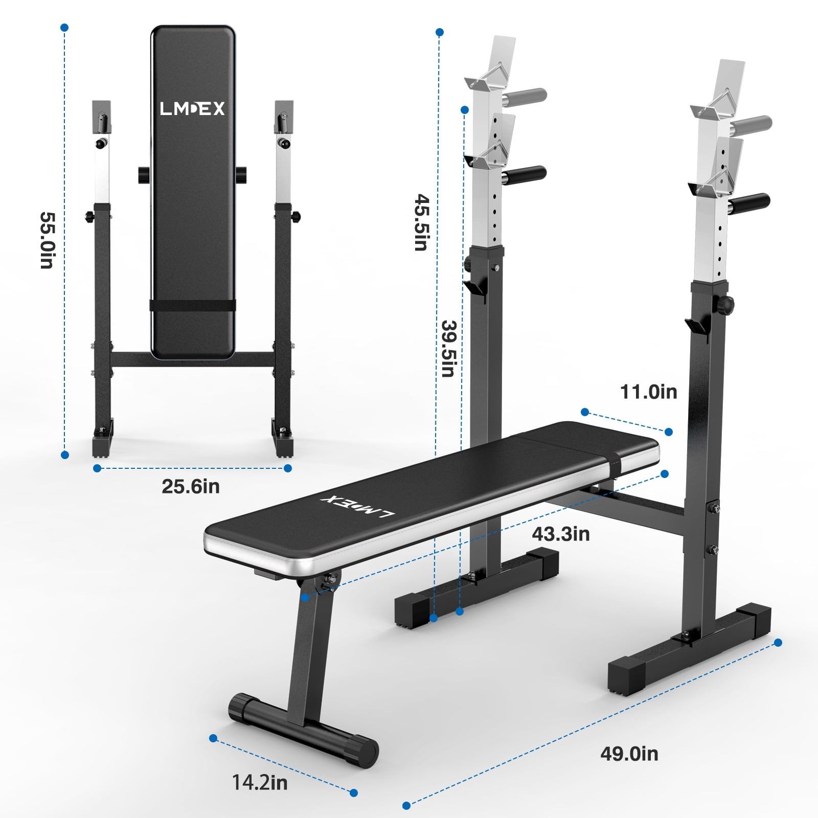 Lmdex Adjustable Weight Bench Press with Squat Rack & Folding Dip Station, Complete Home Gym Set with 150lbs Weight Plates and Olympic Curl Bar for Full Body Strength Training (Grey）