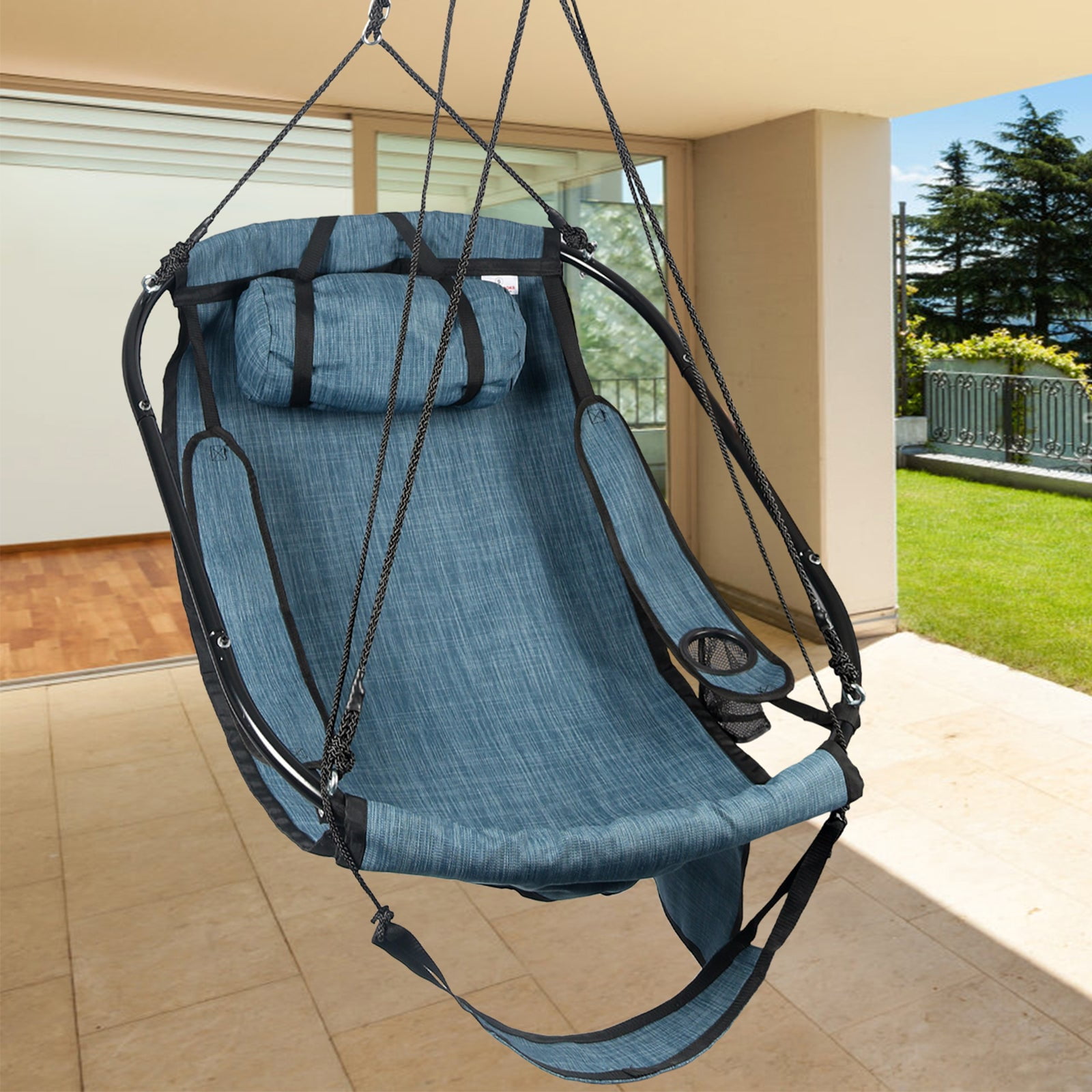 Bathonly Polyester Hammock Chair with Footrest, Max 330 lbs Capacity, Blue. G1-0018BU