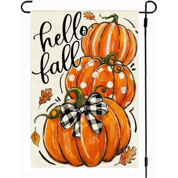 Hello Fall Garden Flag 12x18 Inch Double Sided Outside, Autumn Harvest Pumpkins Seasonal Holiday Small Yard Outdoor Decoration