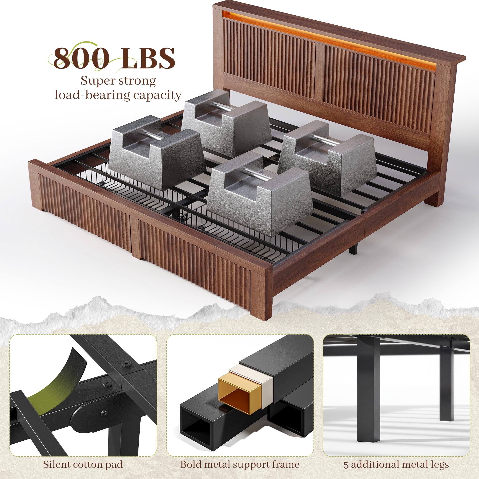 EnHomee Wood Bed Frame King with Headboard Bed Frame with Storage Shelf and Drawers Farmhouse Bed Frame with 2 Drawers & Charge Station & LED Light, Walnut
