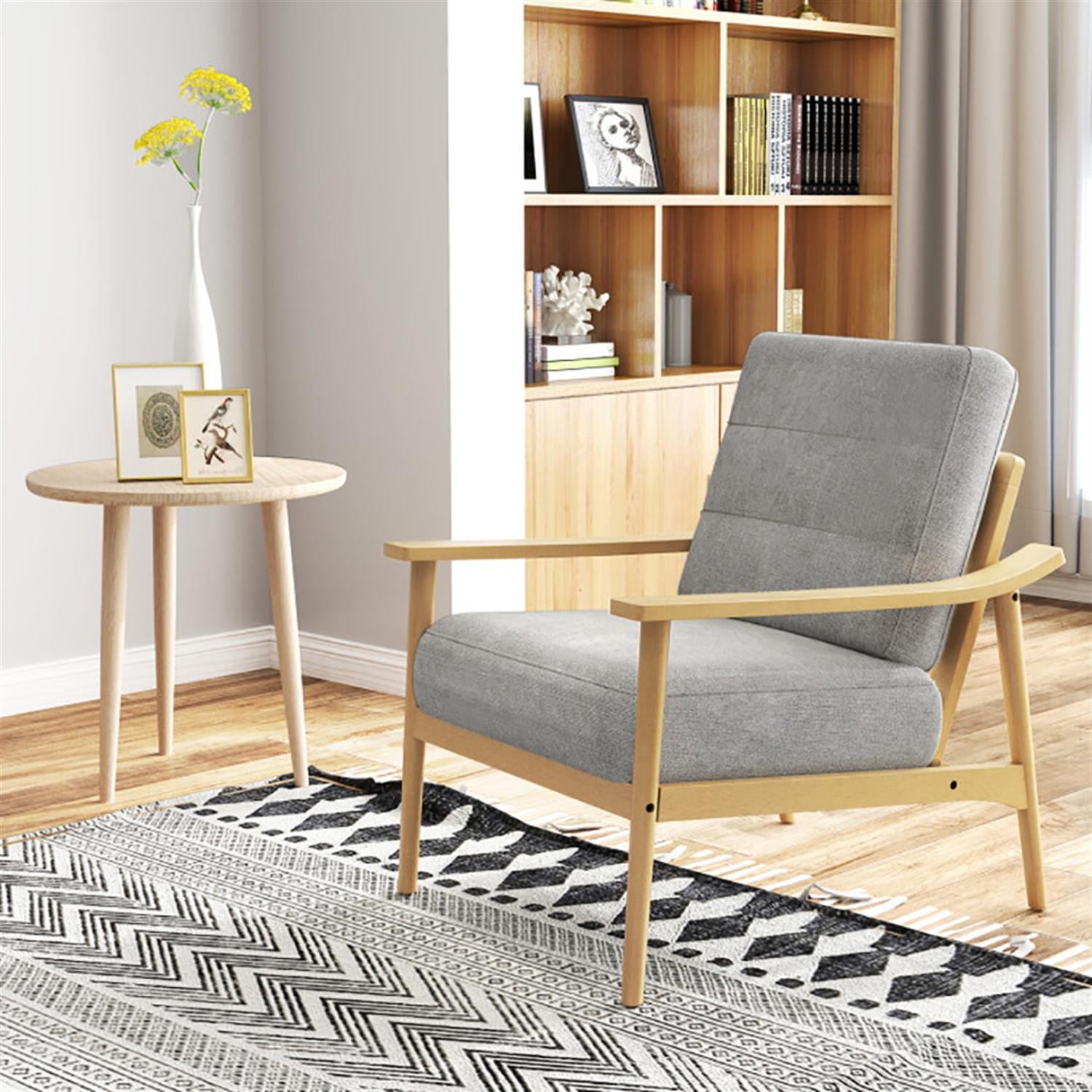 Demi Bonn Modern Accent Chair, Elegant Armchair with Rubber Wood Armrests and Legs, Suitable for Living Room Bedroom Reception Room Office, Beige