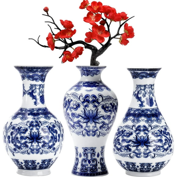 Set of 3 Small Blue & White Vases, Porcelain Chinoiserie Vase Petite Classic Oriental Bottle Vases, Decorative Art Fambe Glaze Floral Bud for Home Decor and Events