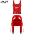 thumbnail image 2 of Conjunto de lencería de charol con efecto mojado para mujer, camiseta sin mangas con cuello en U y cremallera, falda con liga de cintura alta, disfraz para fiesta en club, 2 of 5