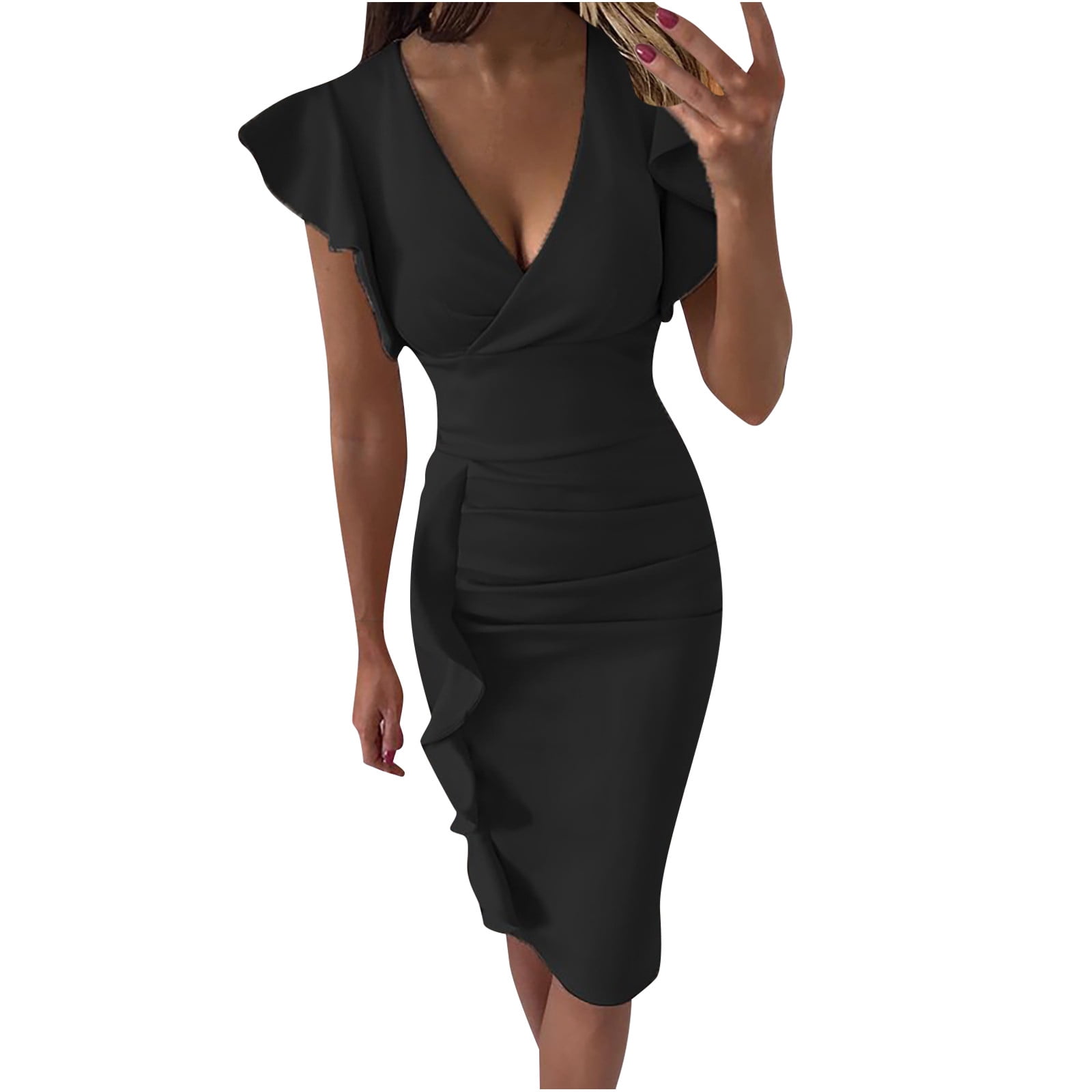 Maxi Dress for Women Summer Dress Women Casual Sexy V-neck Solid Slimming  Ruffle Hem Ruched Sleeveless Dress on Clearance Casual Dresses for Women  Birthday Dresses for Women Sexy Black,2XL - Walmart.com
