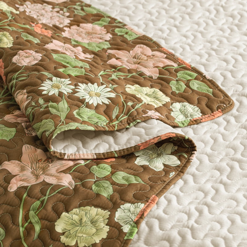 Exclusivo Mezcla Floral Quilts Queen Size, Brown Queen Quilt Bedding Set with Cottagecore Garden Pattern, Reversible Lightweight Bedspreads Coverlets (92"x96")