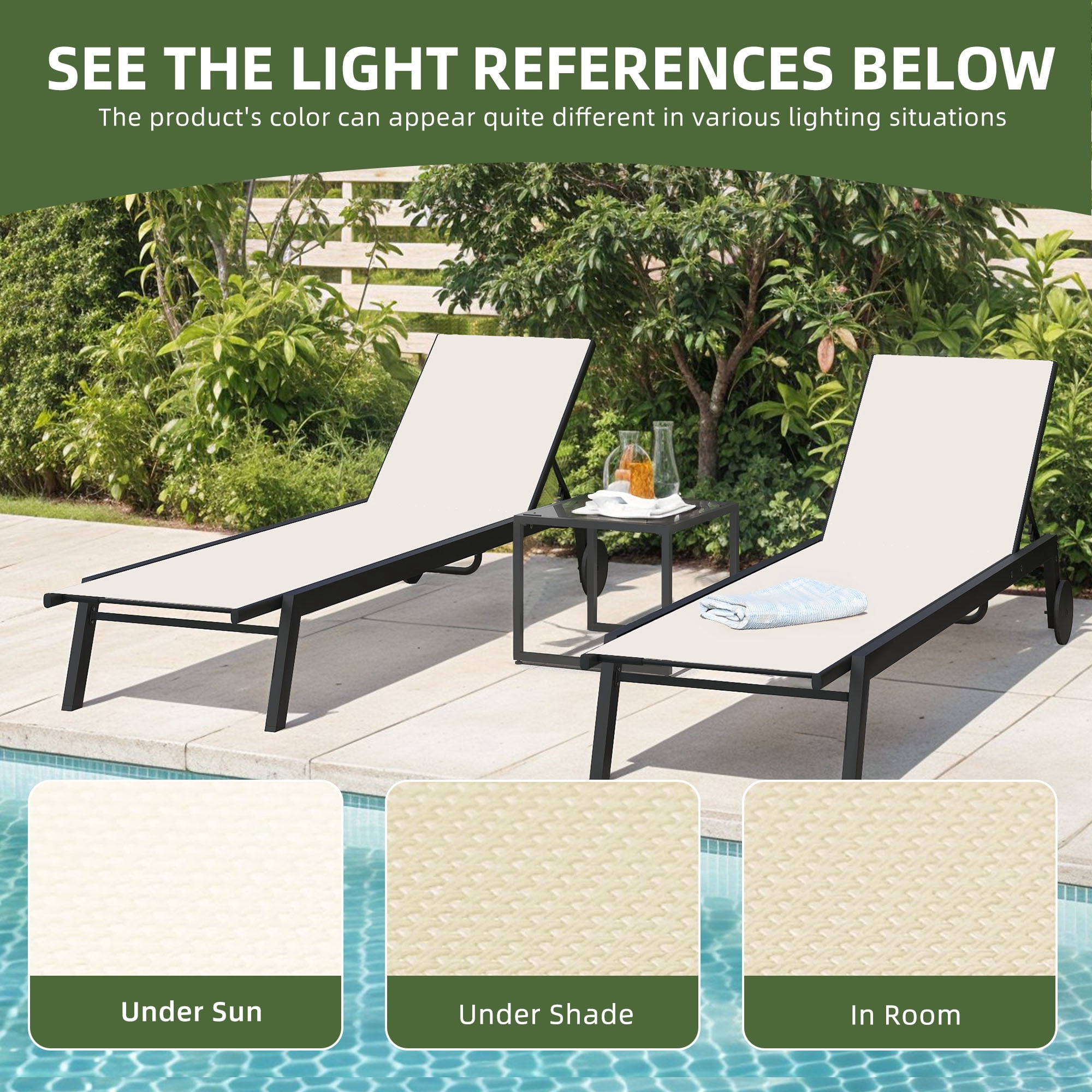 Uforic 3pcs Outdoor Chaise Lounge Set, 2 Adjustable Loungers with Side Table, Wheels, Beige