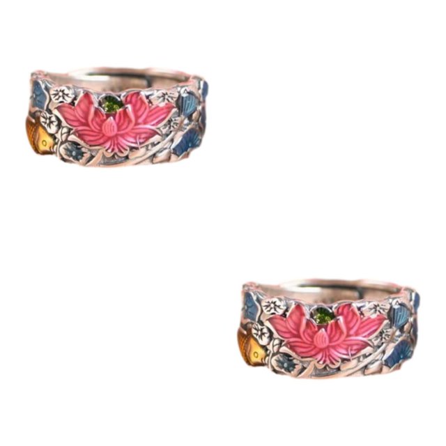 mmirethe National Ethnic Adjustable Rings Unique Adjustable Size Easy To Wear Alloy Creative Lotus Flower Adjustable Rings silver 2Set