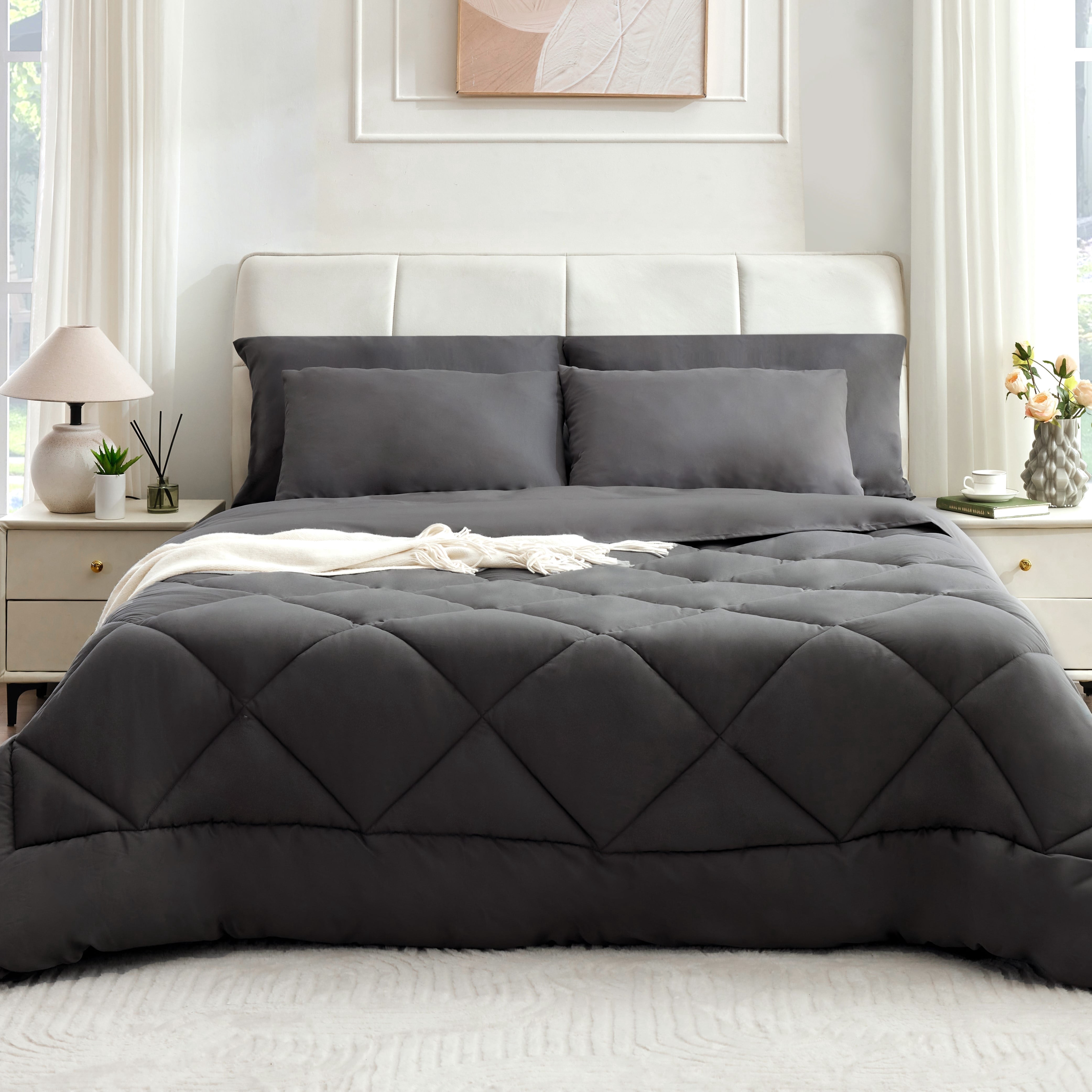 BDEUS Queen Size Comforter Set 3 Piece Extra Soft Bedding Set with Comforter and 2 Pillow Case for All Seasons，Grey