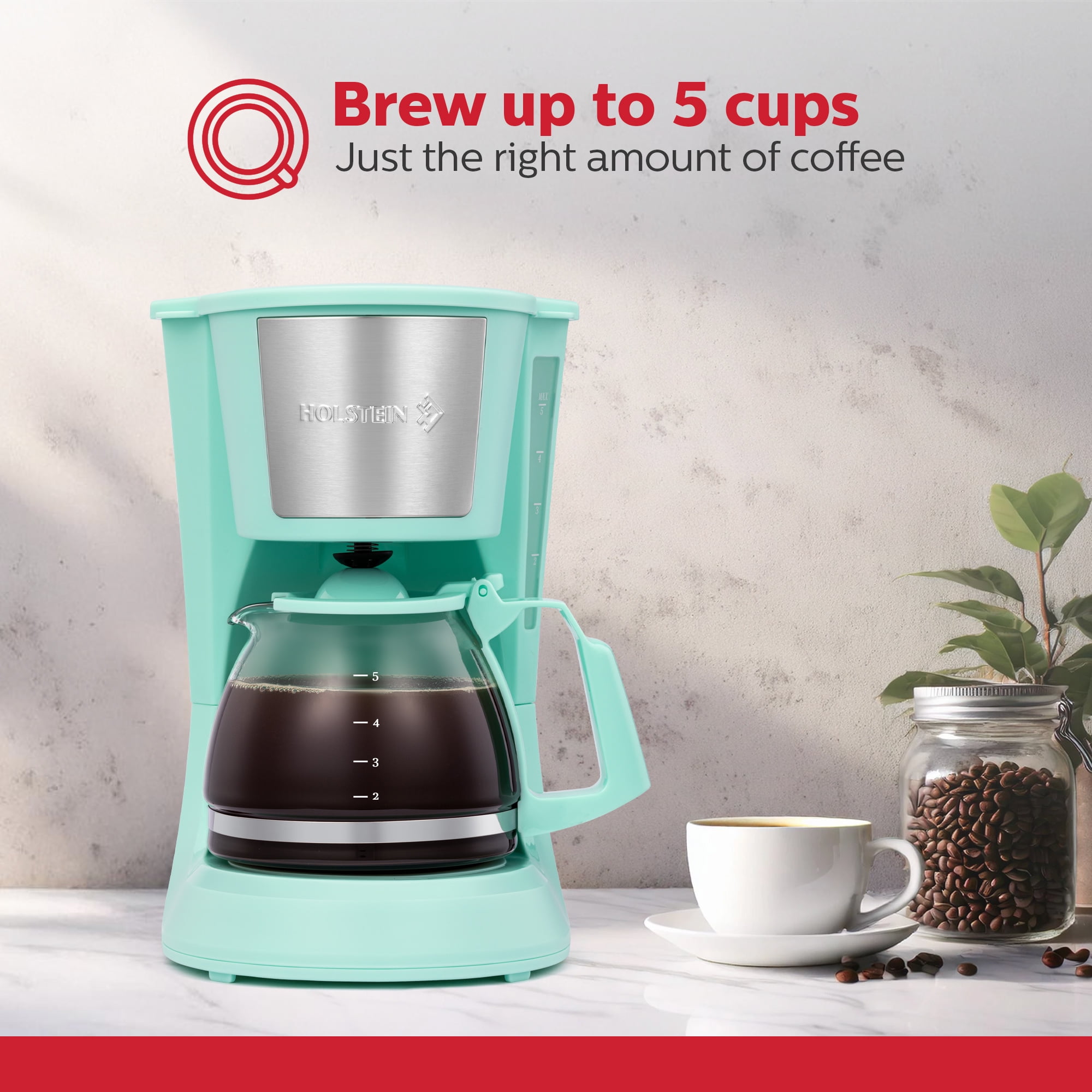 Holstein Housewares 5 Cup Drip Coffee Maker - Mint- Auto Pause and Serve, Removable Filter Basket, and Full View Water Window - Perfect for Brewing Rich-Tasting Coffee at Home