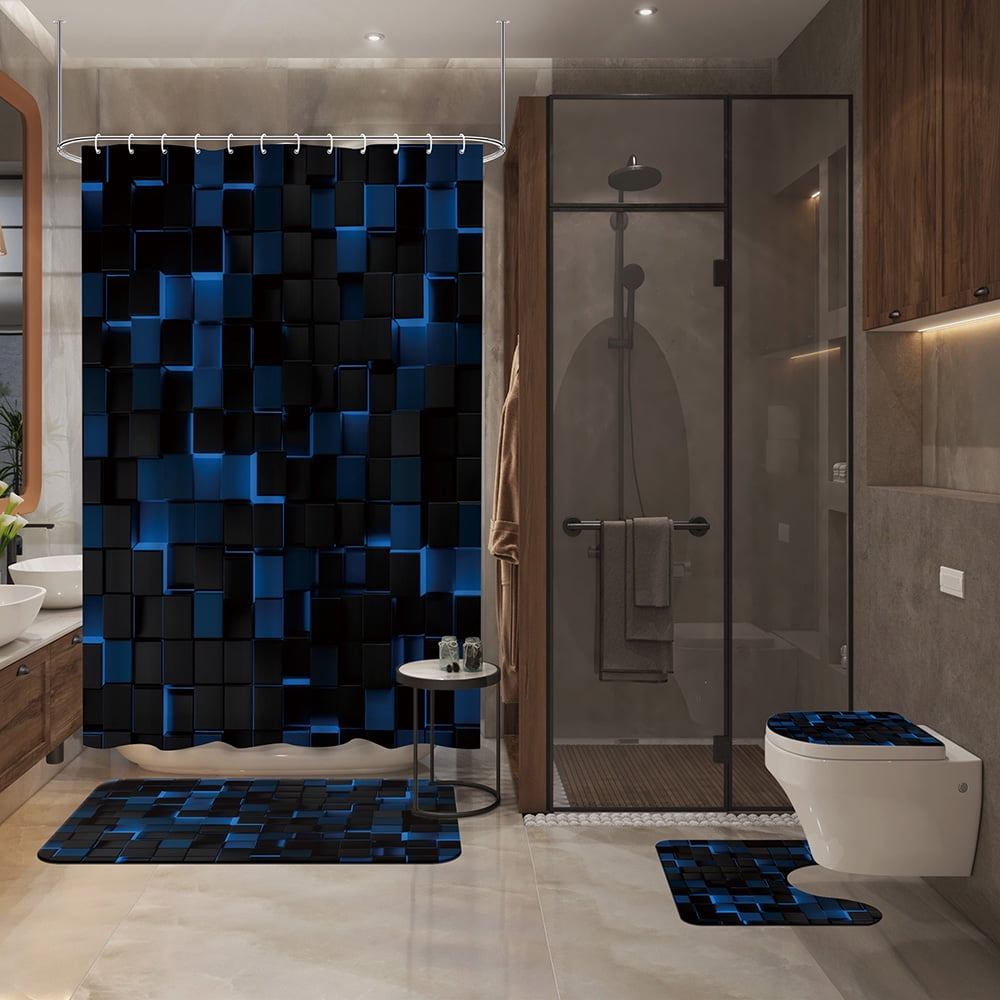 4pcs Modern Blue and Black 3D Cube Shower Curtain Set for Bathroom