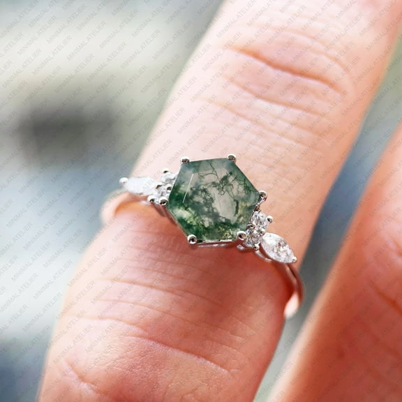 Princy Jewels Vintage Natural Hexagon Cut Moss Agate Wedding Ring,Engagement Ring, Anniversary Gift For Women Gold Plated