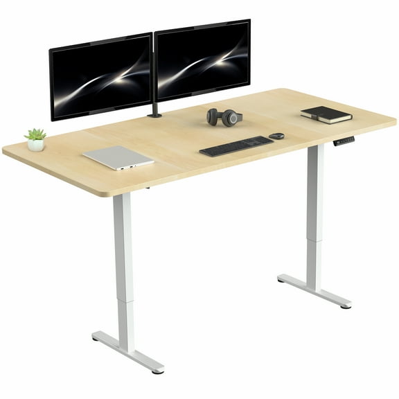 VIVO Electric Dual Motor 71” x 36” Standing Desk, Light Wood Top, White Frame
