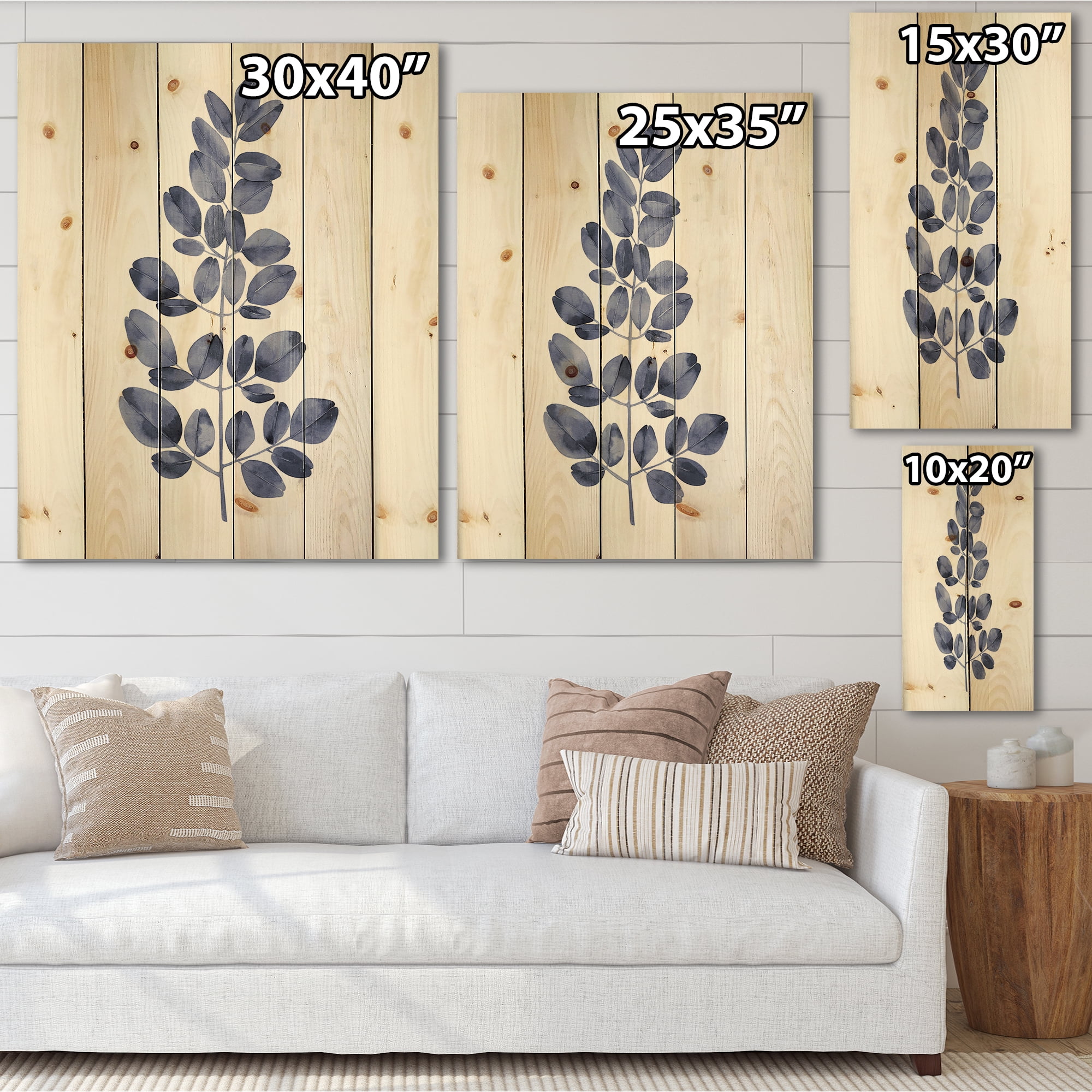 Designart 'Navy Blue Eucalyptus On White' Traditional Print on Natural Pine Wood