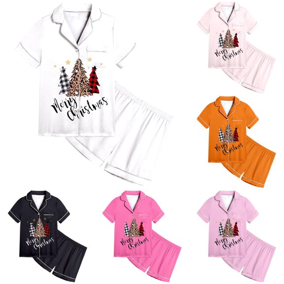 JAJAHO Girls Pajamas Merry Christmas Holiday Satin Sleepwear Short Sleeve 2 Piece Set Sizes 2-13Y