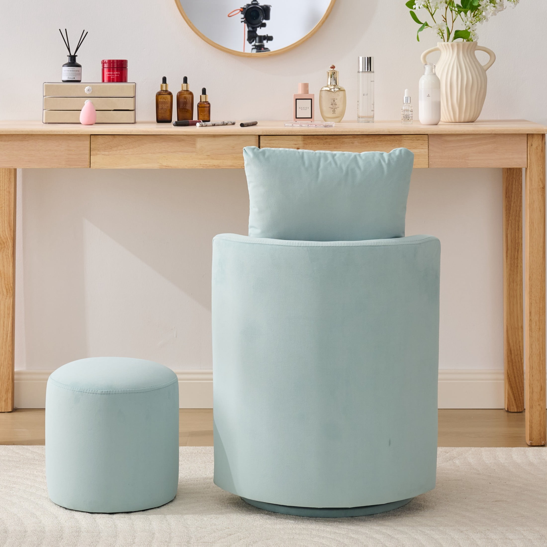 Noble House Velvet Swivel Accent Chair with Ottoman & Toss Pillow, Storage Barrel Chair, Aqua