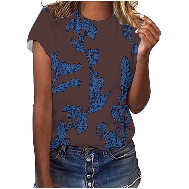 Pompotops T-Shirt Décontracté à Col Rond pour Femmes, Imprimé Floral, Manches Courtes, Mode Douce, Blouse Décontractée pour Femmes