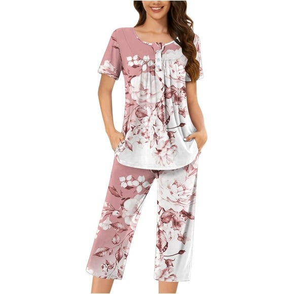 Pajamas for Women Clearance Women's Short Sleeve Pajama Set 2 Piece Summer Sleep Set Floral Print Button Crew Neck Capris Pant Pjs Sets Women Sleepwear New Pinky L