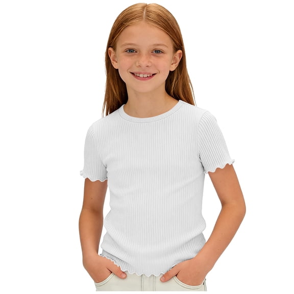 Hxshgdsn Girls Short Sleeve T Shirts Ribbed Crew Neck Solid Color Casual Summer Pullover Tops(White/15-16 Years)