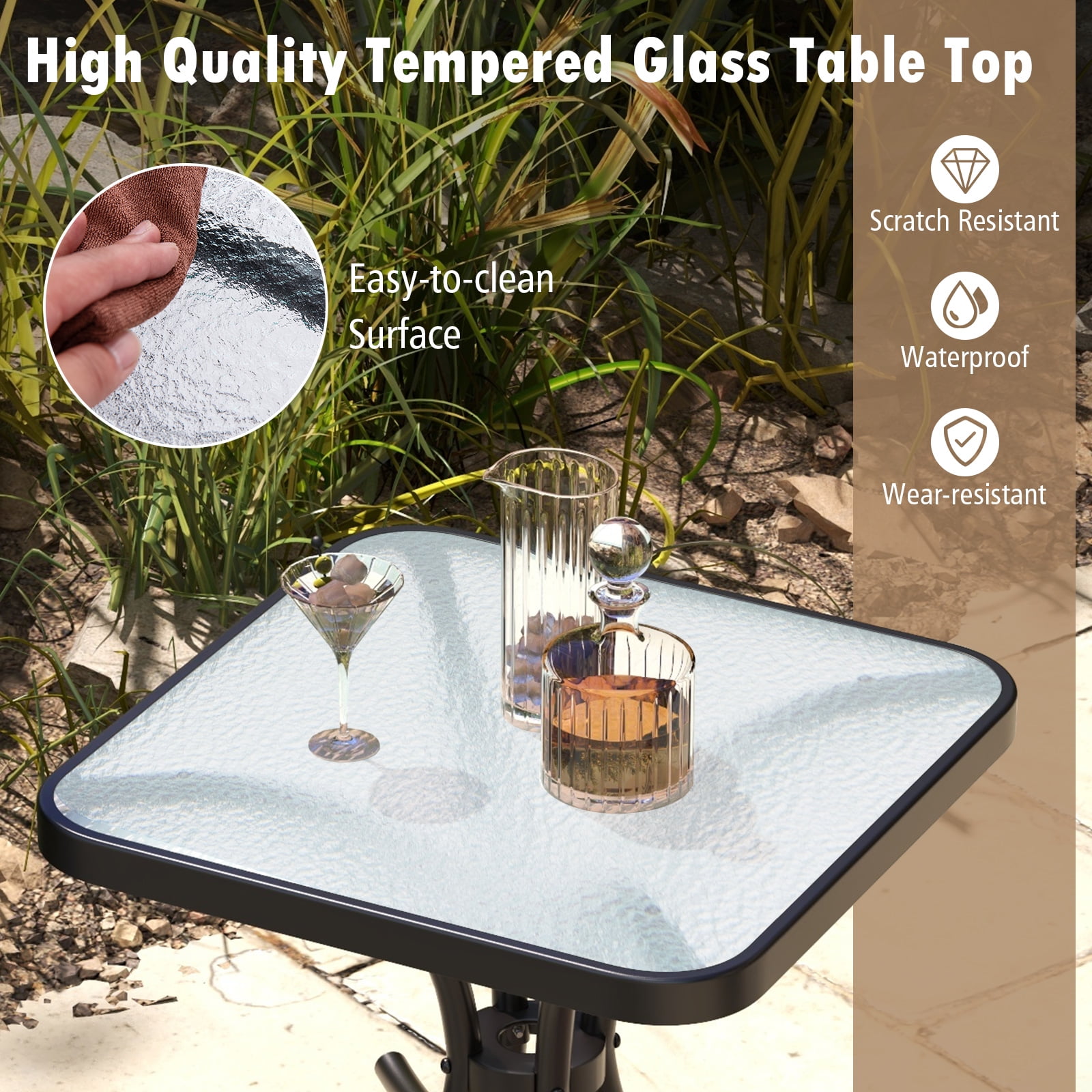 BLACK JAGUAR Tempered Glass Top Patio Table, 20" Outdoor Side Table w/ Heavy-duty Metal Frame Patio Square End Table
