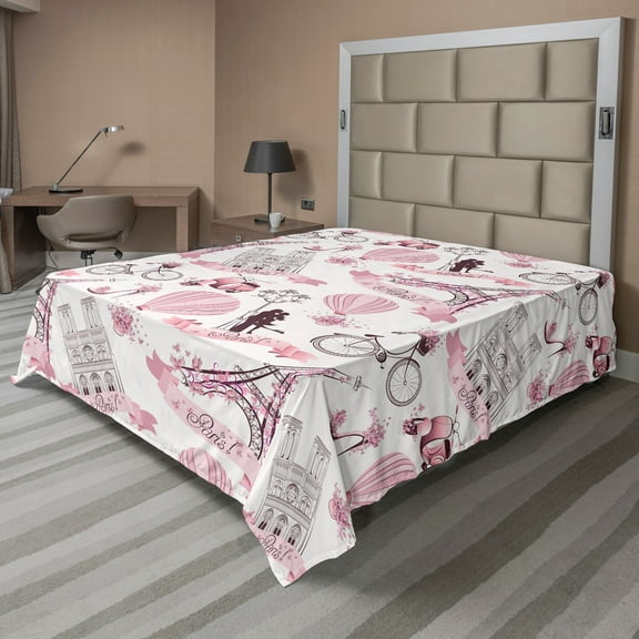 Ambesonne Eiffel Tower Flat Sheet, Paris Honeymoon, California King, Pale Pink White