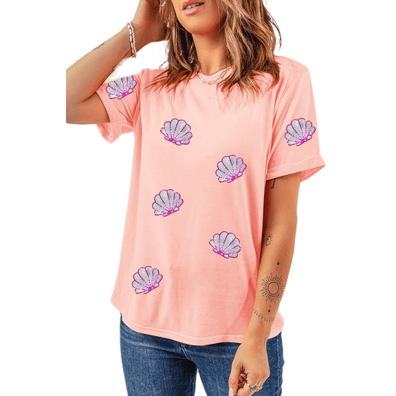 Women's Pink Sequin Shell Graphic Round Neck T-Shirt