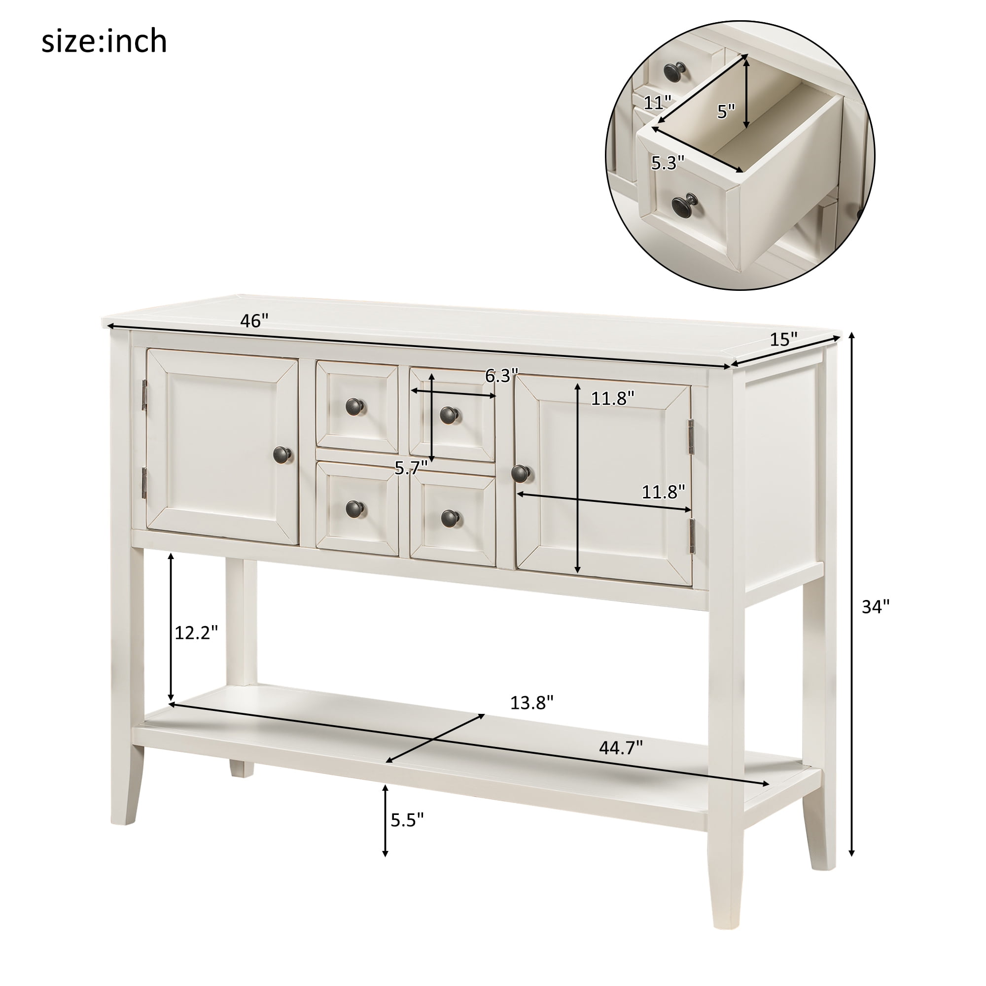 Console Table with 4 Storage Drawers,Storage Vintage Wood Buffet Sideboard Desk with 2 Cabinets and Bottom Shelf, Retro Entryway Table Cupboard for Living Room, Foyer, Hallway