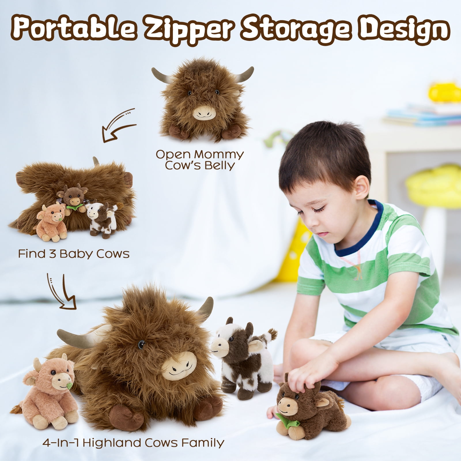 MorisMos 20" Highland Cow Stuffed Animal with 3 Babies Plush Toys