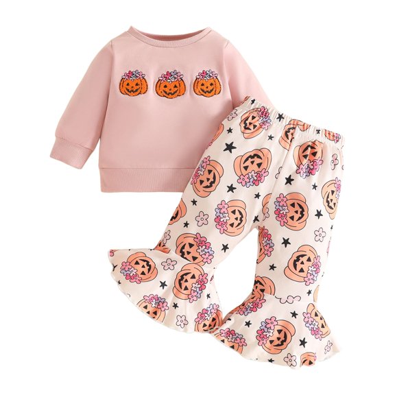 Staki Toddler Baby Girl Halloween Outfit Pumpkin Print Ruffle Long Sleeve Sweatshirt Flare Pants 2pcs Clothes Set 6M-3T,3-6 Months