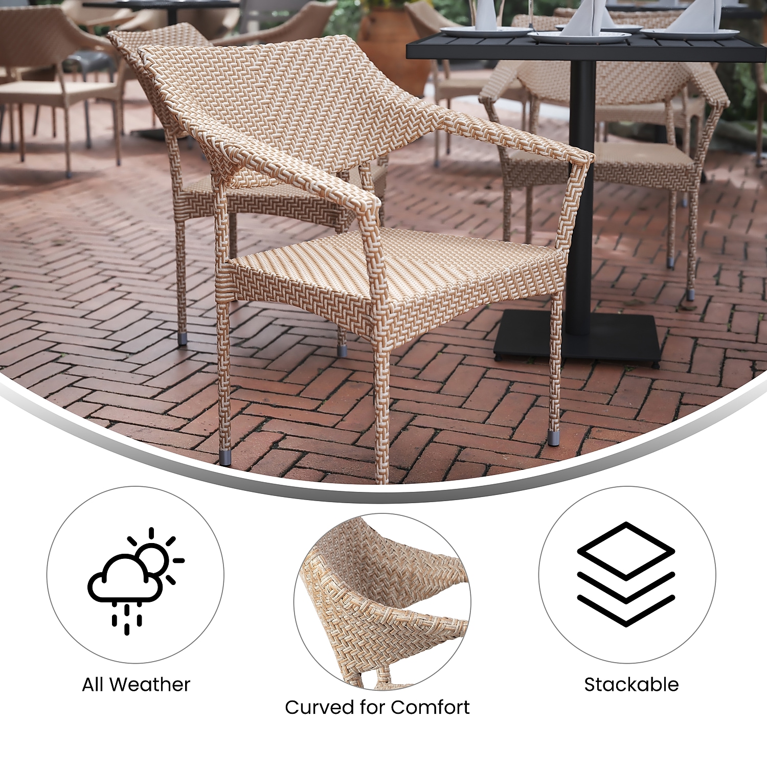 Flash Furniture Jace 34"H Natural PE Rattan Wicker Commercial Grade Stacking Patio Chair 2/Pack