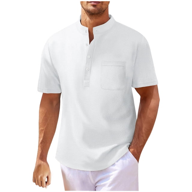 Playeras Elvqul Hombre Casuales Blanco de Color Sólido Cuello Redondo Manga Corta Abotonada