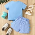 thumbnail image 4 of Boy Outfits Toddler Kids Boys Summer Short Sleeve Cartoon Dinosaur Prints Pullover Tops Striped Shorts Outfits Boys Shorts Blue 12 Months-18 Months, 4 of 7