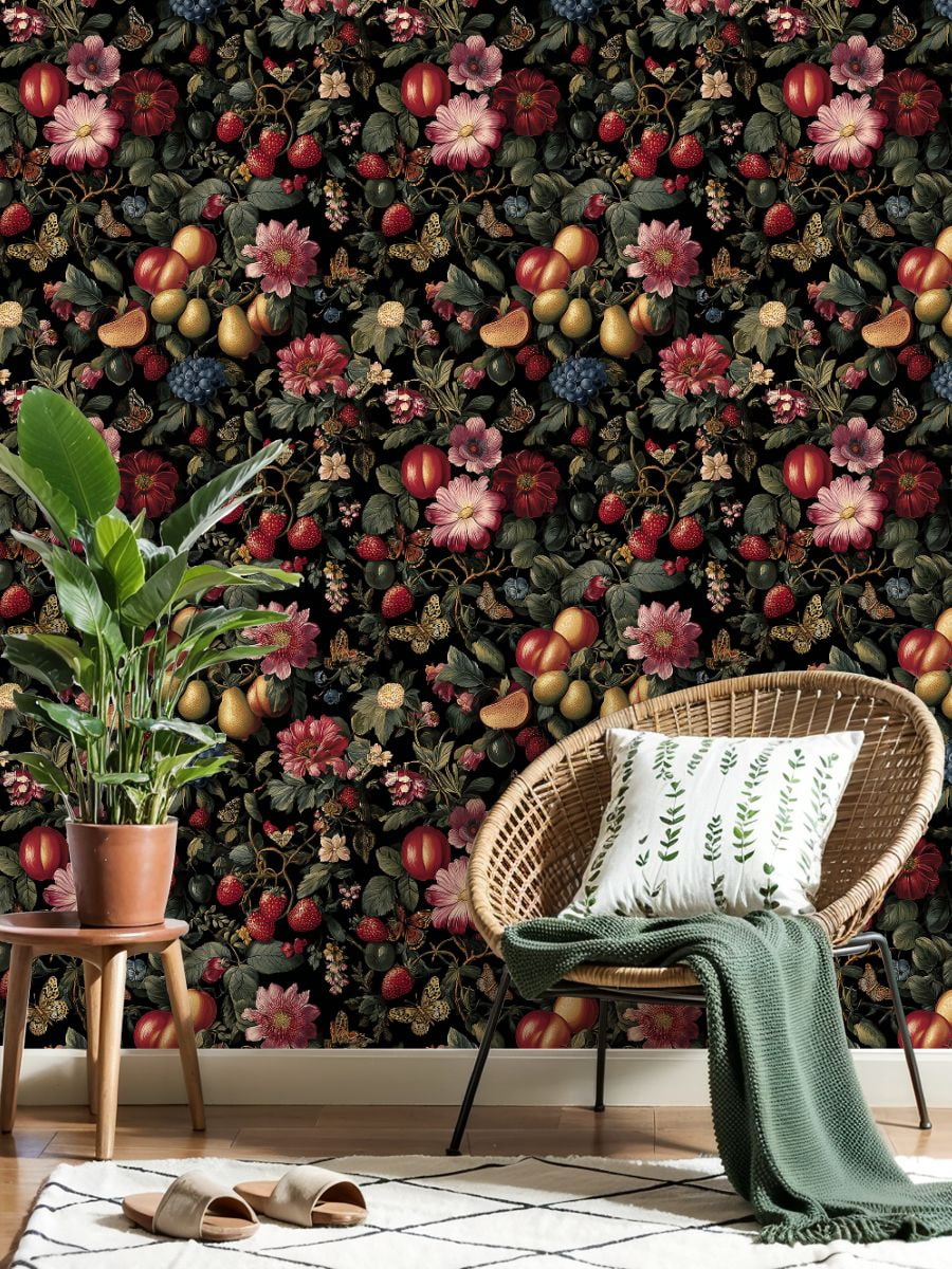 Peel and Stick Wallpaper Floral Botanical Vintage Flowers Fruits Butterflies Dark Wall Mural 23.6in x 9.8ft Self Adhesive Removable Wall Paper Renter Friendly Wallpaper for Nursery Bedroom Cabinets