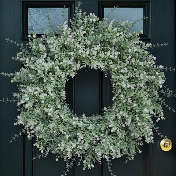 ABCISI Large Eucalyptus Wreath for Front Door, Porch- Artificial Eucalyptus and Lavender  Flowers Wreath for Home, Room, Farmhouse Wall,  Wedding Decor- All Seasons, 60cm Diameter (White-Green)