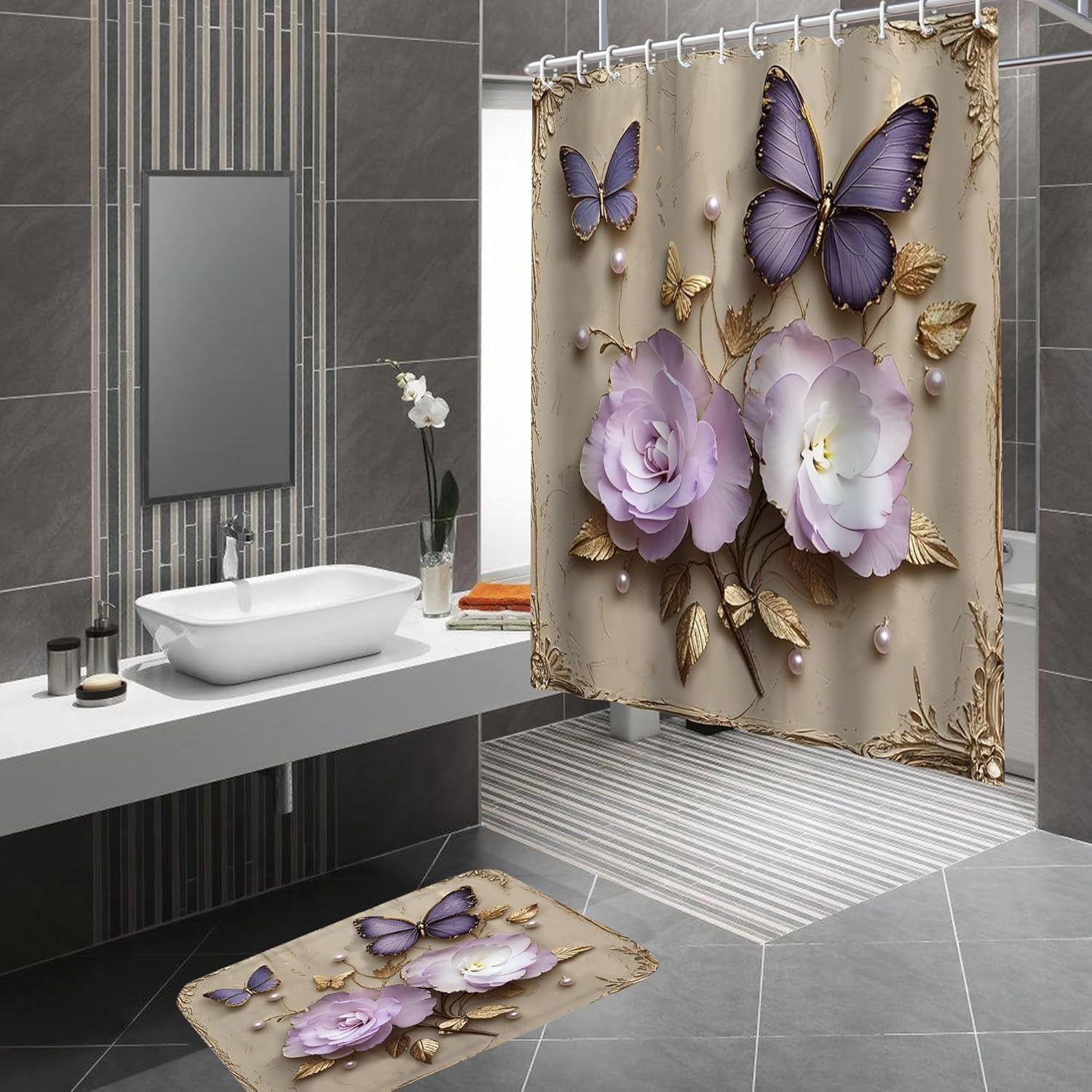4Pcs Spring Themed Shower Curtain Set with Rugs Vintage Butterflies Bathroom Sets Floral Shower Curtain with 12 Hooks Bathroom Decor with Rugs Bath Accessories with Mats Toilet Lid Cover