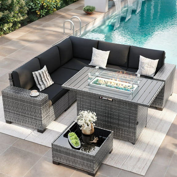 ELPOSUN Outdoor Sectional Furniture Set with Fire Pit Table, 7-Piece Gray Rattan Wicker Conversation Sofa Set for Porch Garden Backyard Balcony,Black