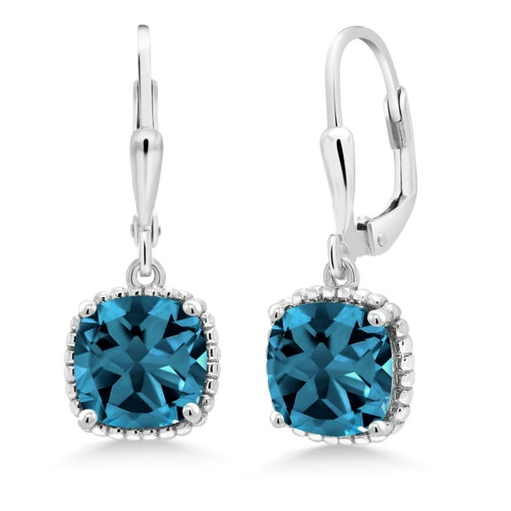 Gem Stone King 925 Sterling Silver Natural Genuine London Blue Topaz Dangling Earrings for Women (5.48 Cttw, Gemstone Birthstone, Cushion Cut 8MM)
