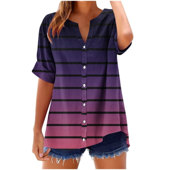 Sexlip Womens Swimsuit Set Horizontal Stripe Cover Up Design Half Button V Neck Short Sleeve Loose Silhouette Lightweight Fabric for Beach Vacations Purple XXL